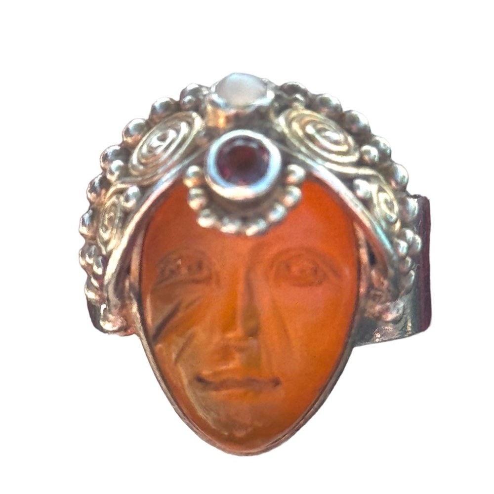 RARE SAJEN 925 AMBER FIBER OPTIC GLASS GODDESS HEADRESS GARNET sterling silver